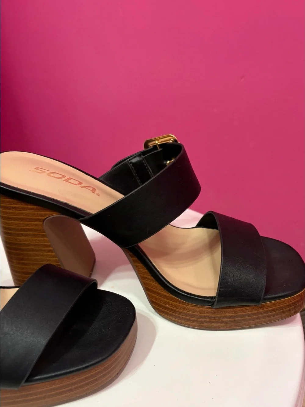 Soda Black Platform Slide with Gold Buckle